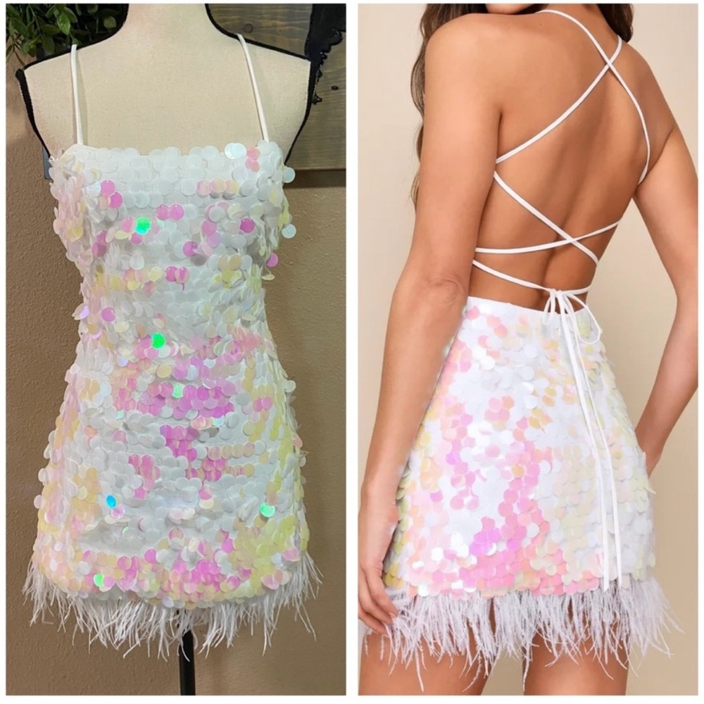 Lulus Glittery Captivation White Iridescent Sequin Lace Up Mini Dress